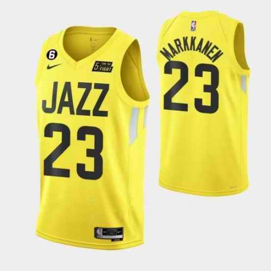 Men Utah Jazz 23 Lauri Elias Markkanen With No #6 Patch Yellow 2022 23 Association Edition Stitched Basketball Jersey