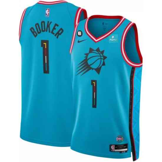 Men Phoenix Suns #1 Devin Booker Blue 2022 23 City Edition With NO 6 Patch Stitched Basketball Jersey