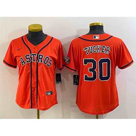 Women Houston Astros #30 Kyle Tucker Orange With Patch Cool Base Stitched Baseball Jersey