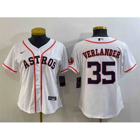 Women Houston Astros #35 Justin Verlander White With Patch Cool Base Stitched Baseball Jersey