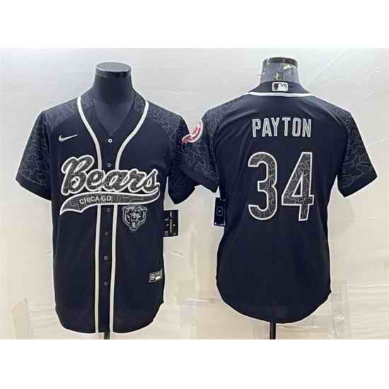 Men Chicago Bears #34 Walter Payton Black Reflective With Patch Cool Base Stitched Baseball Jersey
