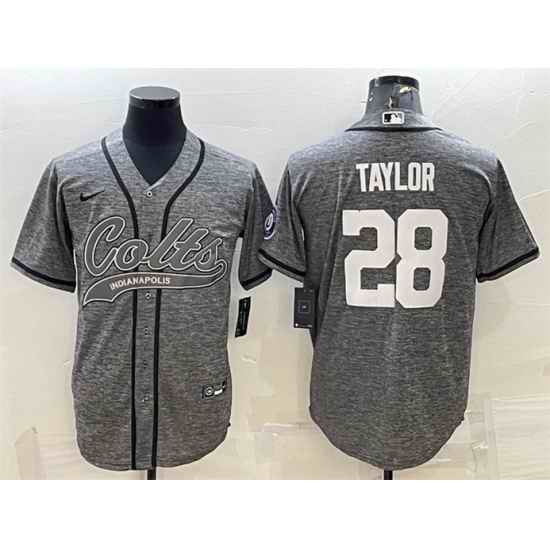 Men Indianapolis Colts #28 Jonathan Taylor Grey With Patch Cool Base Stitched Baseball Jersey