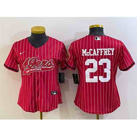 Women San Francisco 49ers #23 Christian McCaffrey Red With Patch Cool Base Stitched Baseball Jersey