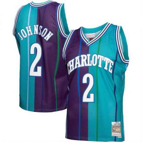 Men Charlotte Hornets #2 Larry Johnson Teal Purple Split 1992 93 Mitchell  26 Ness Swingman Stitched Jersey
