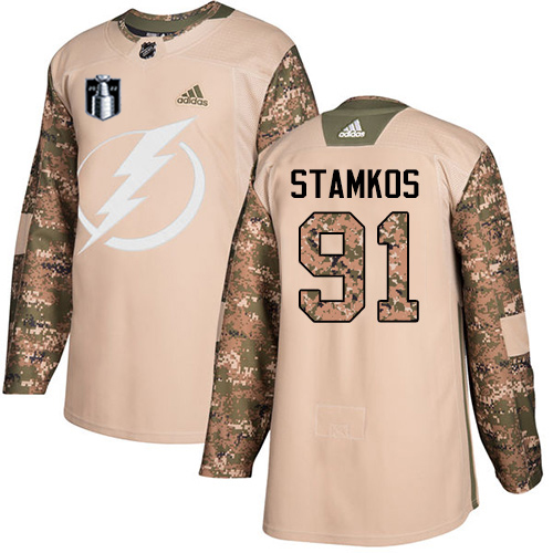 Adidas Tampa Bay Lightning #91 Steven Stamkos Camo Authentic 2022 Stanley Cup Final Patch Veterans Day Stitched NHL Jersey Men’s