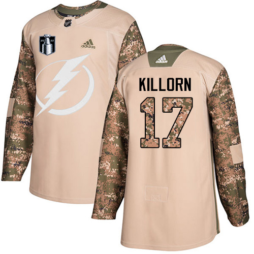 Adidas Tampa Bay Lightning #17 Alex Killorn Camo Authentic 2022 Stanley Cup Final Patch Veterans Day Stitched NHL Jersey Men’s