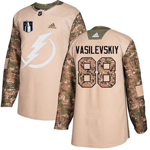Adidas Tampa Bay Lightning #88 Andrei Vasilevskiy Camo Authentic 2022 Stanley Cup Final Patch Veterans Day Stitched NHL Jersey Men’s