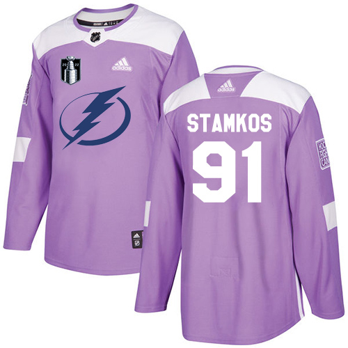 Adidas Tampa Bay Lightning #91 Steven Stamkos Purple Authentic 2022 Stanley Cup Final Patch Fights Cancer Stitched NHL Jersey Men’s