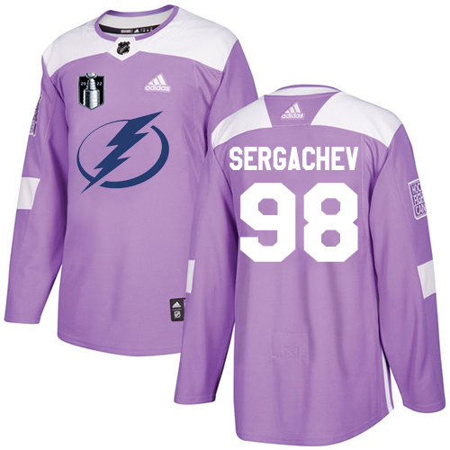 Adidas Tampa Bay Lightning #98 Mikhail Sergachev Purple Authentic 2022 Stanley Cup Final Patch Fights Cancer Stitched NHL Jersey Men’s