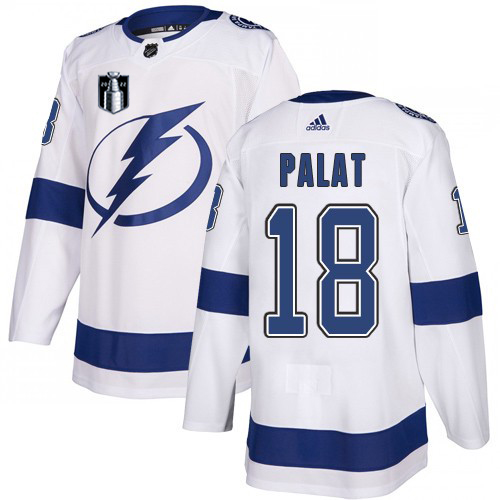 Adidas Tampa Bay Lightning #18 Ondrej Palat White 2022 Stanley Cup Final Patch Road Authentic NHL Stanley Cup Final Patch Jersey Men’s