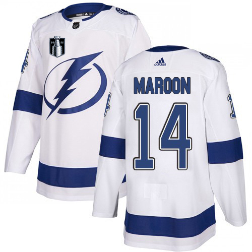 Adidas Tampa Bay Lightning #14 Pat Maroon White 2022 Stanley Cup Final Patch Road Authentic NHL Stanley Cup Final Patch Jersey Men’s