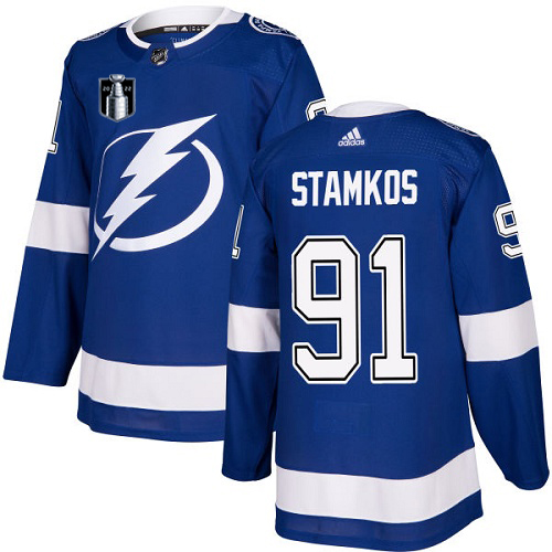 Adidas Tampa Bay Lightning #91 Steven Stamkos Blue 2022 Stanley Cup Final Patch Home Authentic Stitched NHL Jersey Men’s