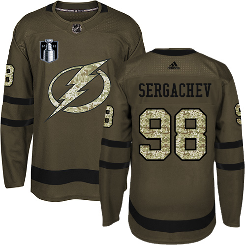 Adidas Tampa Bay Lightning #98 Mikhail Sergachev Green 2022 Stanley Cup Final Patch Salute to Service Stitched NHL Jersey Men’s