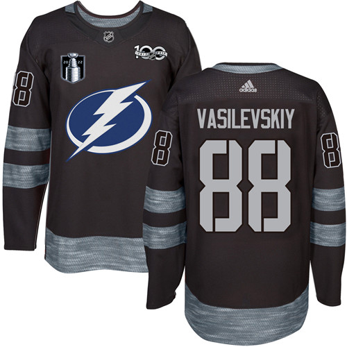 Adidas Tampa Bay Lightning #88 Andrei Vasilevskiy Black 2022 Stanley Cup Final Patch 100th Anniversary Stitched NHL Jersey Men’s