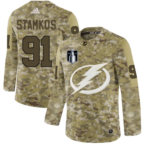 Adidas Tampa Bay Lightning #91 Steven Stamkos Camo 2022 Stanley Cup Final Patch Authentic Stitched NHL Jersey Men’s