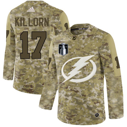Adidas Tampa Bay Lightning #17 Alex Killorn Camo 2022 Stanley Cup Final Patch Authentic Stitched NHL Jersey Men’s