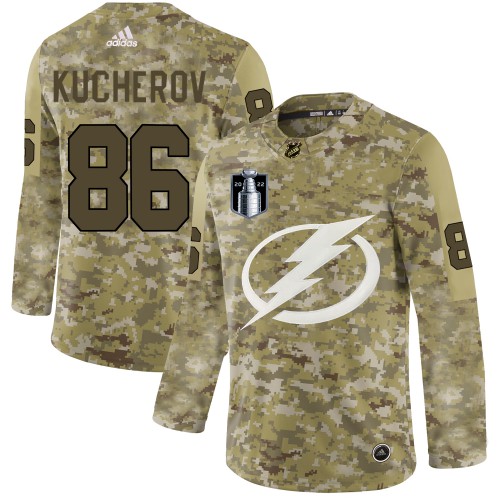 Adidas Tampa Bay Lightning #86 Nikita Kucherov Camo 2022 Stanley Cup Final Patch Authentic Stitched NHL Jersey Men’s