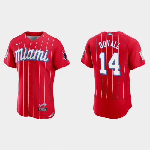Miami Miami Marlins #14 Adam Duvall Men’s Nike 2021 City Connect Authentic MLB Jersey Red Men’s