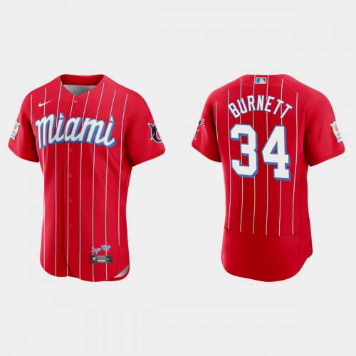 Miami Miami Marlins #34 A.J. Burnett Men’s Nike 2021 City Connect Authentic MLB Jersey Red Men’s