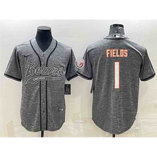 Men Chicago Bears #1 Justin Fields Grey With Patch Cool Base Stitched Baseball Jersey