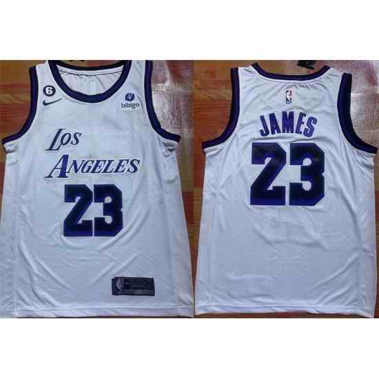 Men Los Angeles Lakers 23 LeBron James 2022 23 White With NO #6 Patch Stitched Basketball Jersey
