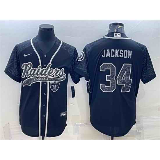 Men Las Vegas Raiders #34 Bo Jackson Black Reflective With Patch Cool Base Stitched Baseball Jersey