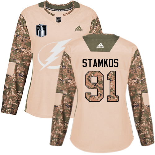 Adidas Tampa Bay Lightning #91 Steven Stamkos Camo Authentic 2022 Stanley Cup Final Patch Women’s Veterans Day Stitched NHL Jersey Womens