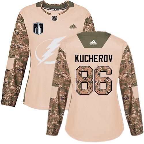 Adidas Tampa Bay Lightning #86 Nikita Kucherov Camo Authentic 2022 Stanley Cup Final Patch Women’s Veterans Day Stitched NHL Jersey Womens