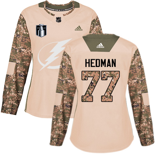 Adidas Tampa Bay Lightning #77 Victor Hedman Camo Authentic 2022 Stanley Cup Final Patch Women’s Veterans Day Stitched NHL Jersey Womens