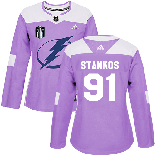 Adidas Tampa Bay Lightning #91 Steven Stamkos Purple Authentic 2022 Stanley Cup Final Patch Women’s Fights Cancer Stitched NHL Jersey Womens