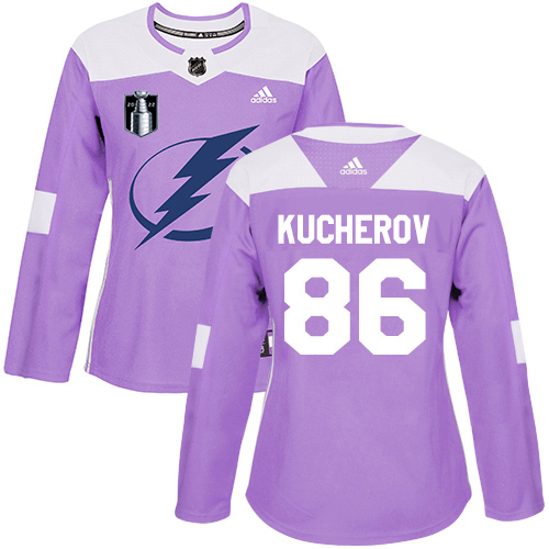 Adidas Tampa Bay Lightning #86 Nikita Kucherov Purple Authentic 2022 Stanley Cup Final Patch Women’s Fights Cancer Stitched NHL Jersey Womens