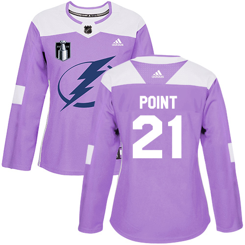 Adidas Tampa Bay Lightning #21 Brayden Point Purple Authentic 2022 Stanley Cup Final Patch Women’s Fights Cancer Stitched NHL Jersey Womens