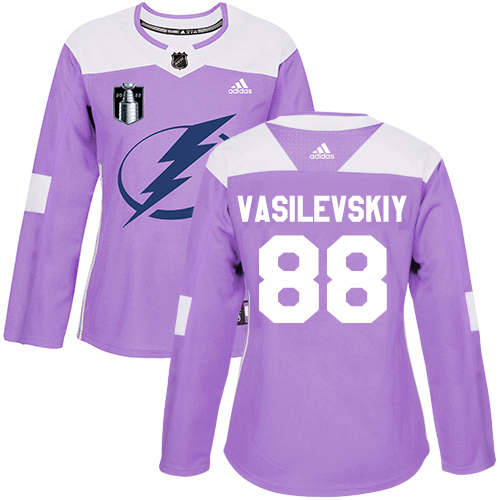 Adidas Tampa Bay Lightning #88 Andrei Vasilevskiy Purple Authentic 2022 Stanley Cup Final Patch Women’s Fights Cancer Stitched NHL Jersey Womens