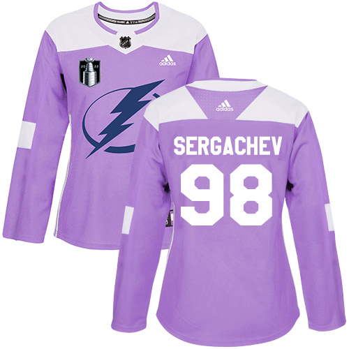 Adidas Tampa Bay Lightning #98 Mikhail Sergachev Purple Authentic 2022 Stanley Cup Final Patch Women’s Fights Cancer Stitched NHL Jersey Womens