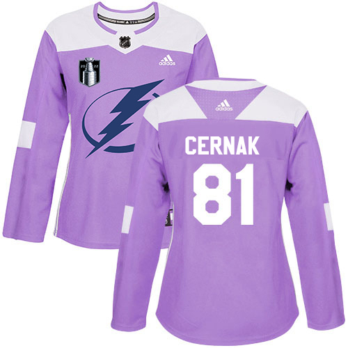 Adidas Tampa Bay Lightning #81 Erik Cernak Purple Authentic 2022 Stanley Cup Final Patch Women’s Fights Cancer Stitched NHL Jersey Womens