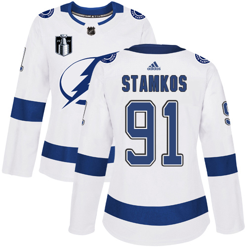 Adidas Tampa Bay Lightning #91 Steven Stamkos White 2022 Stanley Cup Final Patch Women’s Road Authentic NHL Stanley Cup Final Patch Jersey Womens