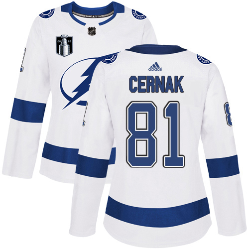 Adidas Tampa Bay Lightning #81 Erik Cernak White 2022 Stanley Cup Final Patch Women’s Road Authentic NHL Stanley Cup Final Patch Jersey Womens