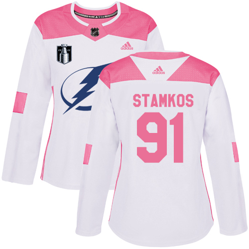 Adidas Tampa Bay Lightning #91 Steven Stamkos White/Pink 2022 Stanley Cup Final Patch Authentic Fashion Women’s Stitched NHL Jersey Womens