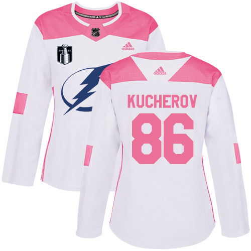 Adidas Tampa Bay Lightning #86 Nikita Kucherov White/Pink 2022 Stanley Cup Final Patch Authentic Fashion Women’s Stitched NHL Jersey Womens