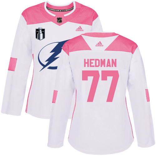 Adidas Tampa Bay Lightning #77 Victor Hedman White/Pink 2022 Stanley Cup Final Patch Authentic Fashion Women’s Stitched NHL Jersey Womens