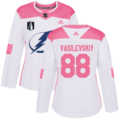Adidas Tampa Bay Lightning #88 Andrei Vasilevskiy White/Pink 2022 Stanley Cup Final Patch Authentic Fashion Women’s Stitched NHL Jersey Womens