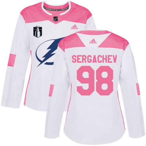 Adidas Tampa Bay Lightning #98 Mikhail Sergachev White/Pink 2022 Stanley Cup Final Patch Authentic Fashion Women’s Stitched NHL Jersey Womens