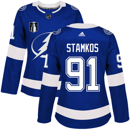 Adidas Tampa Bay Lightning #91 Steven Stamkos Blue 2022 Stanley Cup Final Patch Women’s Home Authentic Stitched NHL Jersey Womens