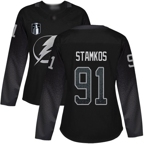 Adidas Tampa Bay Lightning #91 Steven Stamkos Black 2022 Stanley Cup Final Patch Women’s Alternate Authentic Stitched NHL Jersey Womens