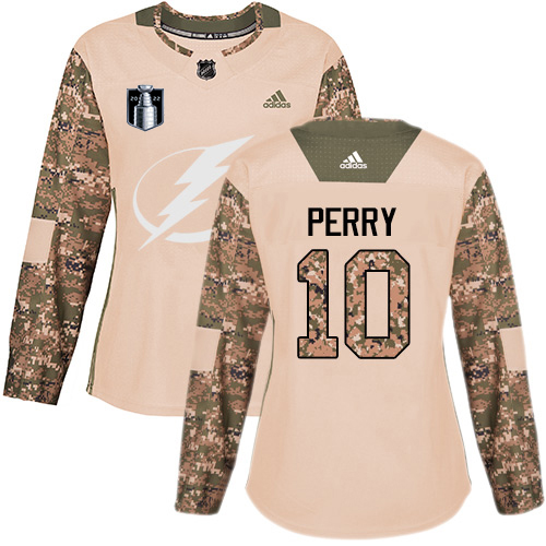 Adidas Tampa Bay Lightning #10 Corey Perry Camo Women’s Authentic 2022 Stanley Cup Final Patch Veterans Day Stitched NHL Jersey Womens