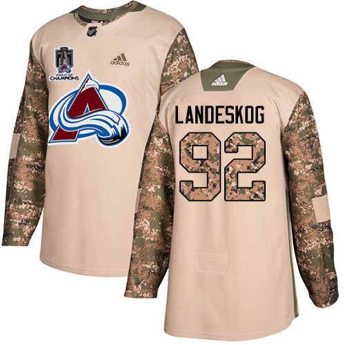 Adidas Colorado Avalanche #92 Gabriel Landeskog Camo Authentic Youth 2022 Stanley Cup Champions Veterans Day Stitched NHL Jersey Youth