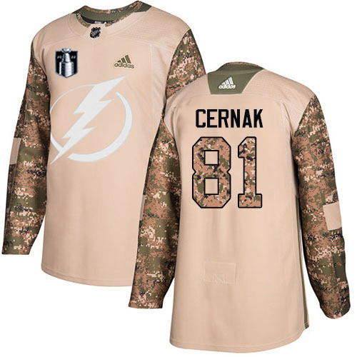Adidas Tampa Bay Lightning #81 Erik Cernak Camo Authentic 2022 Stanley Cup Final Patch Youth Veterans Day Stitched NHL Jersey Youth