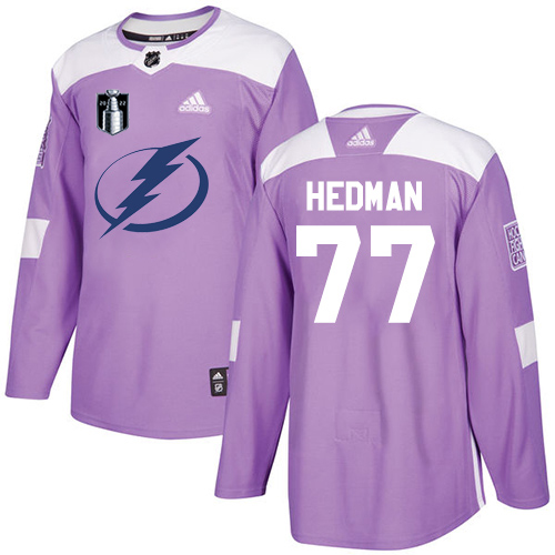 Adidas Tampa Bay Lightning #77 Victor Hedman Purple Authentic 2022 Stanley Cup Final Patch Youth Fights Cancer Stitched NHL Jersey Youth