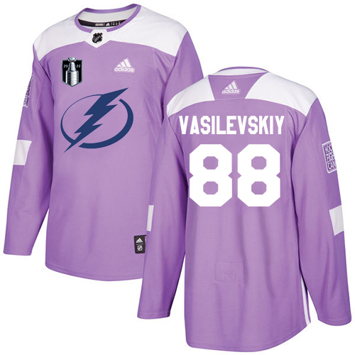 Adidas Tampa Bay Lightning #88 Andrei Vasilevskiy Purple Authentic 2022 Stanley Cup Final Patch Youth Fights Cancer Stitched NHL Jersey Youth