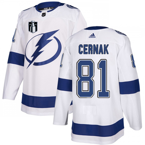 Adidas Tampa Bay Lightning #81 Erik Cernak White 2022 Stanley Cup Final Patch Youth Road Authentic NHL Stanley Cup Final Patch Jersey Youth